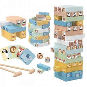 soft pastel wooden blocks and animal dice for a gentle, eco-friendly stacking game