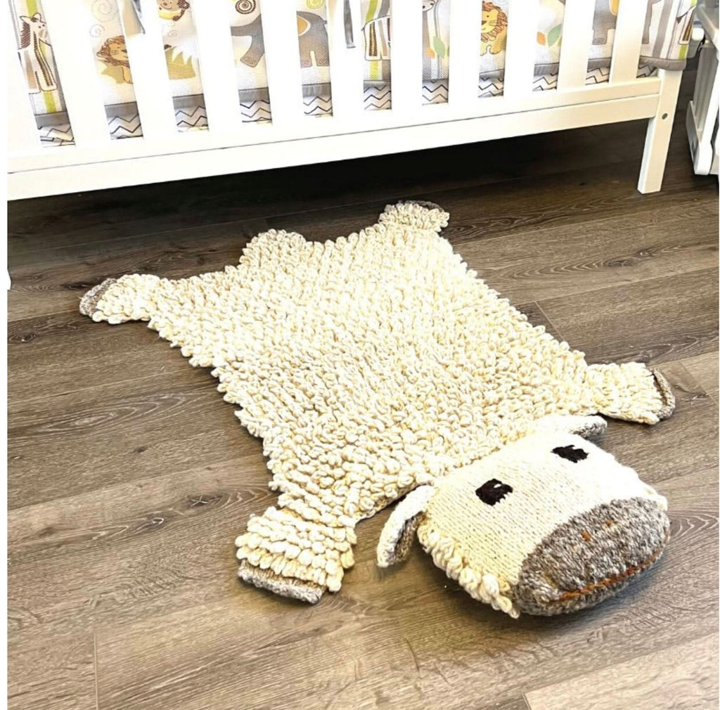Organic Wool Play Mat and Nursery Rug with Hand Knit Sheep Companion