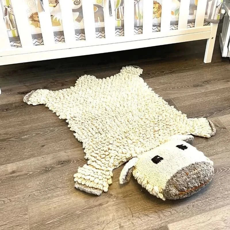 Organic Wool Play Mat and Nursery Rug with Hand Knit Sheep Companion