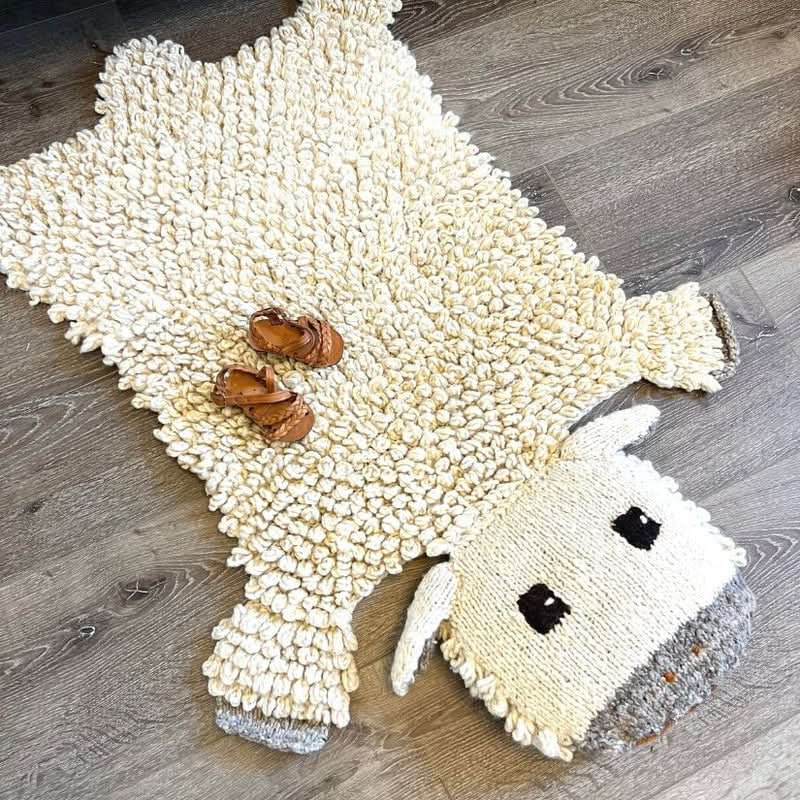 Organic Wool Play Mat and Nursery Rug with Hand Knit Sheep Companion