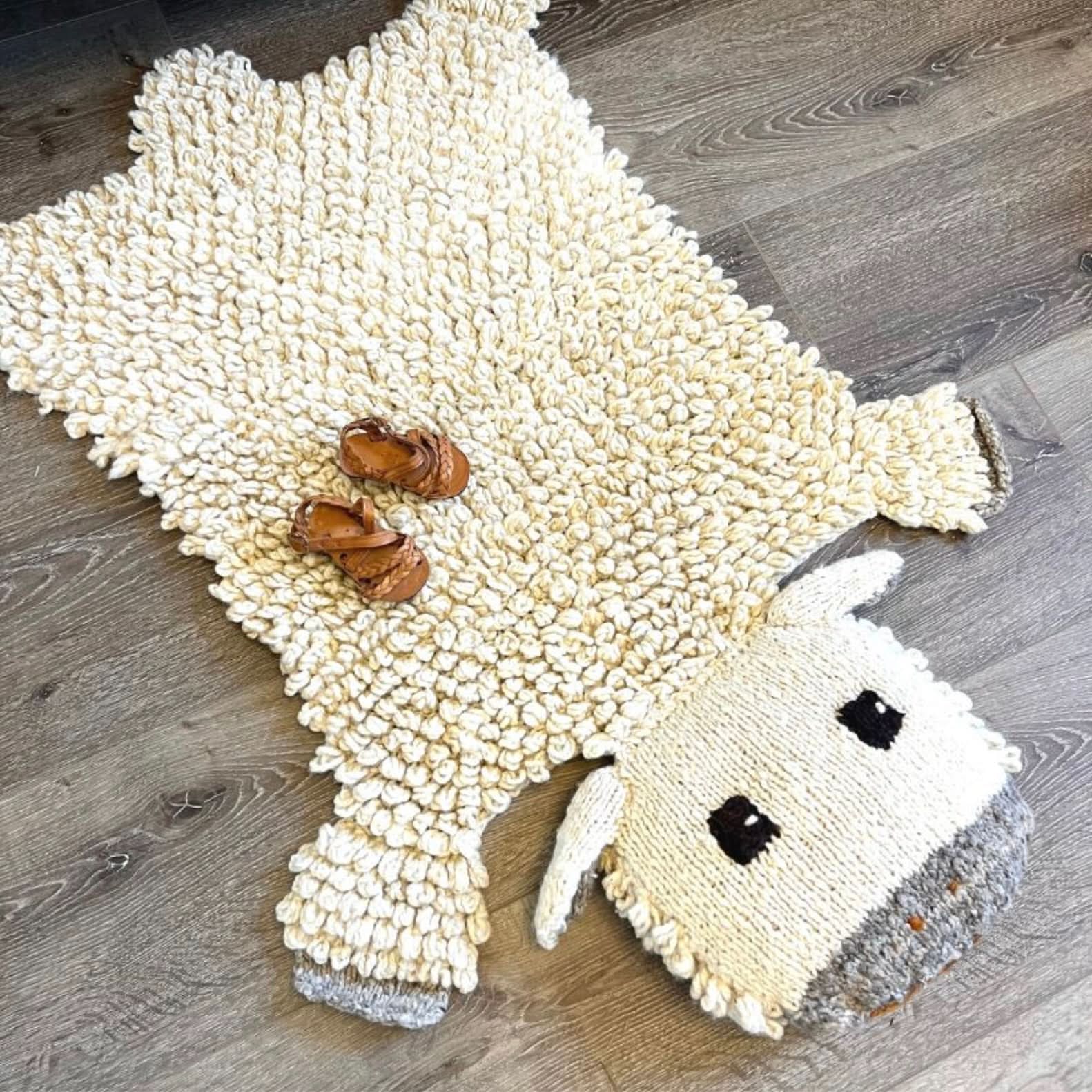 Organic Wool Play Mat and Nursery Rug with Hand Knit Sheep Companion