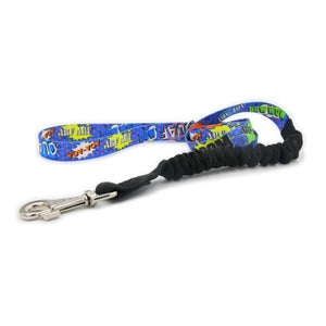 bold blue graffiti shock absorbing dog leash on a dark urban background
