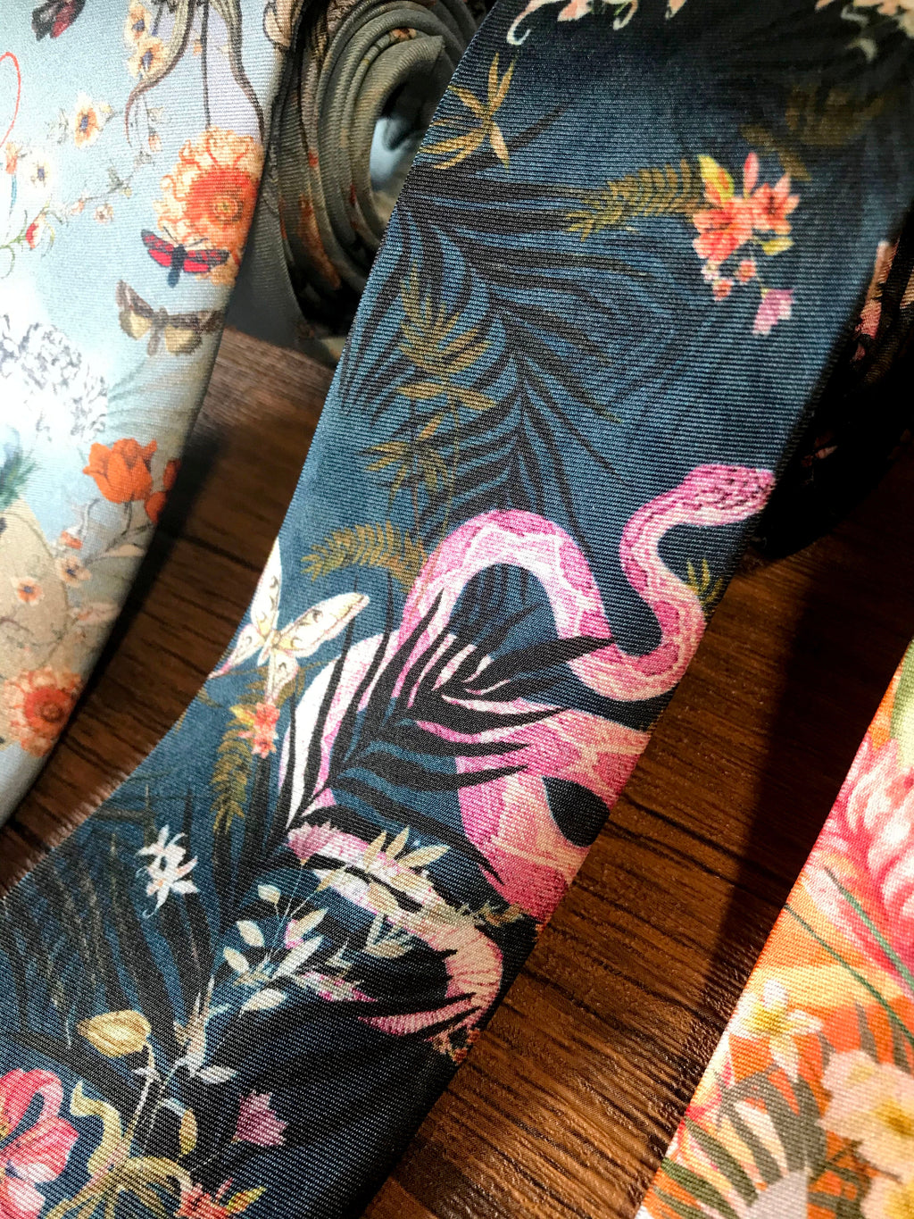 Navy Blue Silk Tie with Pink Serpent and Tropical Flower Design