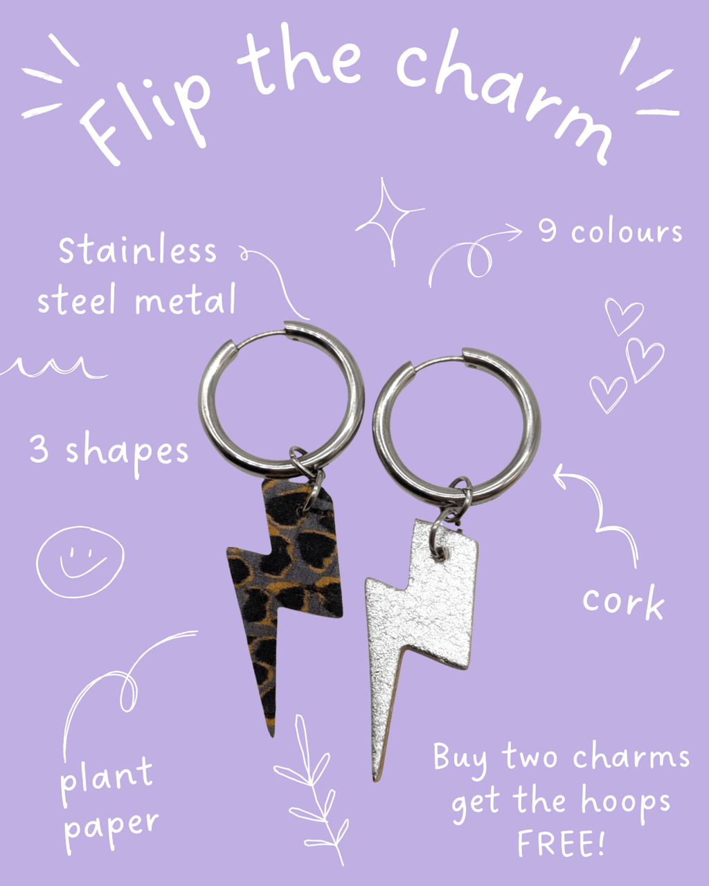 Silver and grey leopard mini lightning bolt cork charms