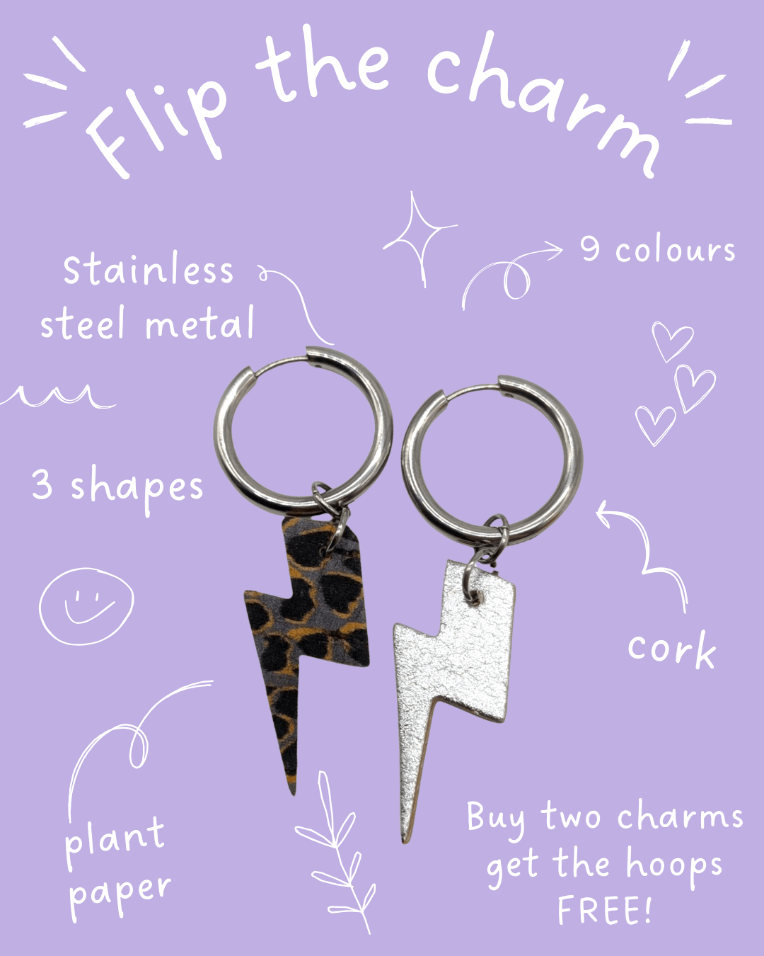 Silver and grey leopard mini lightning bolt cork charms
