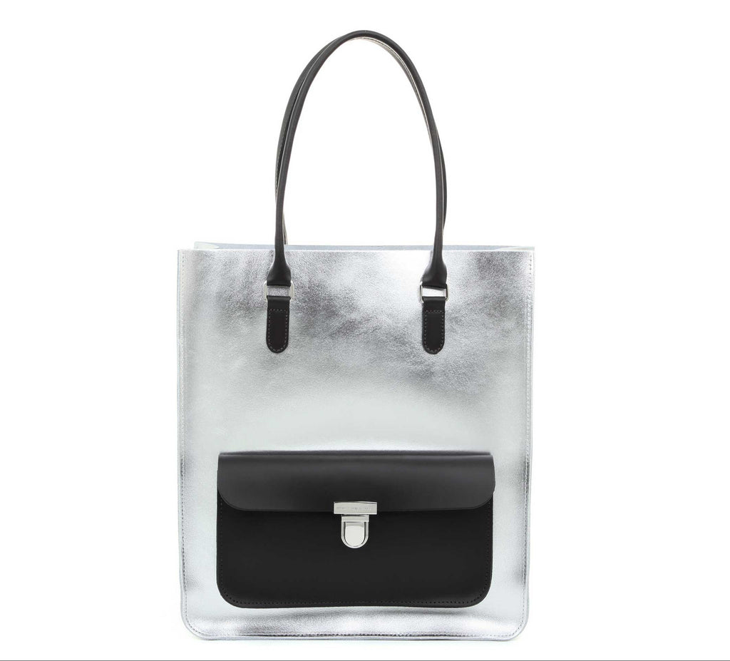 Silver Metallic Leather Tote Bag with Handles