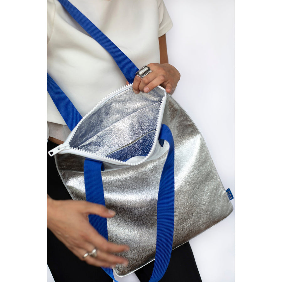 Handmade 100% Leather Silver Tote Bag with Blue Details – Daz Studio by Daz Studio at www.brixbailey.com