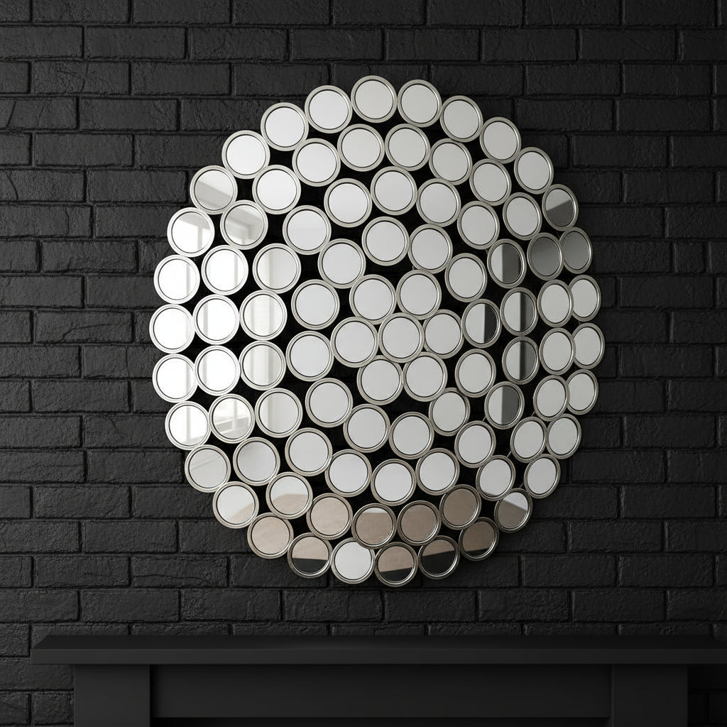 Antiqued silver convex mirror with intricate circular segments, vintage style, 100 cm diameter, enhances light and space. by sostter at brixbailey.com