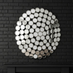 Antiqued silver convex mirror with intricate circular segments, vintage style, 100 cm diameter, enhances light and space. by sostter at brixbailey.com