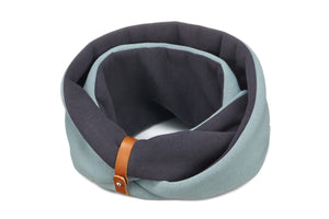 soft turquoise and iron dog neck warmer with a leather belt, shown in gentle morning light