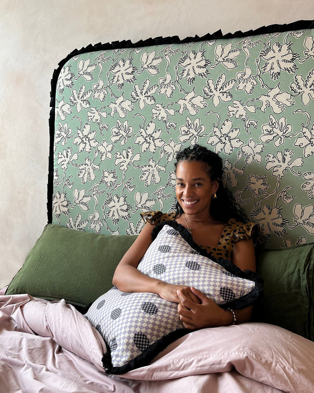 Curved Frill Headboard in Seafoam Floral Sketch