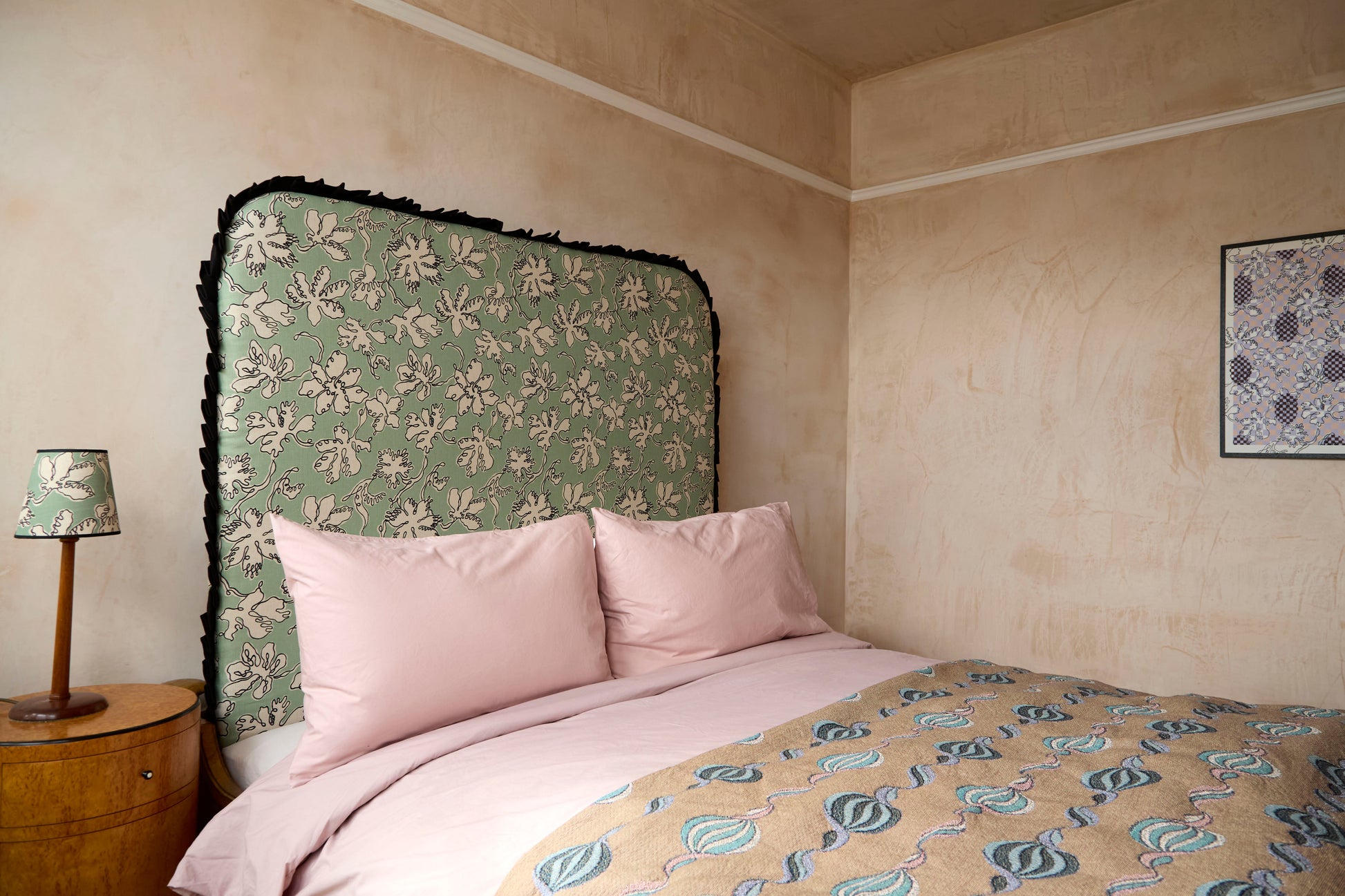 Curved Frill Headboard in Seafoam Floral Sketch