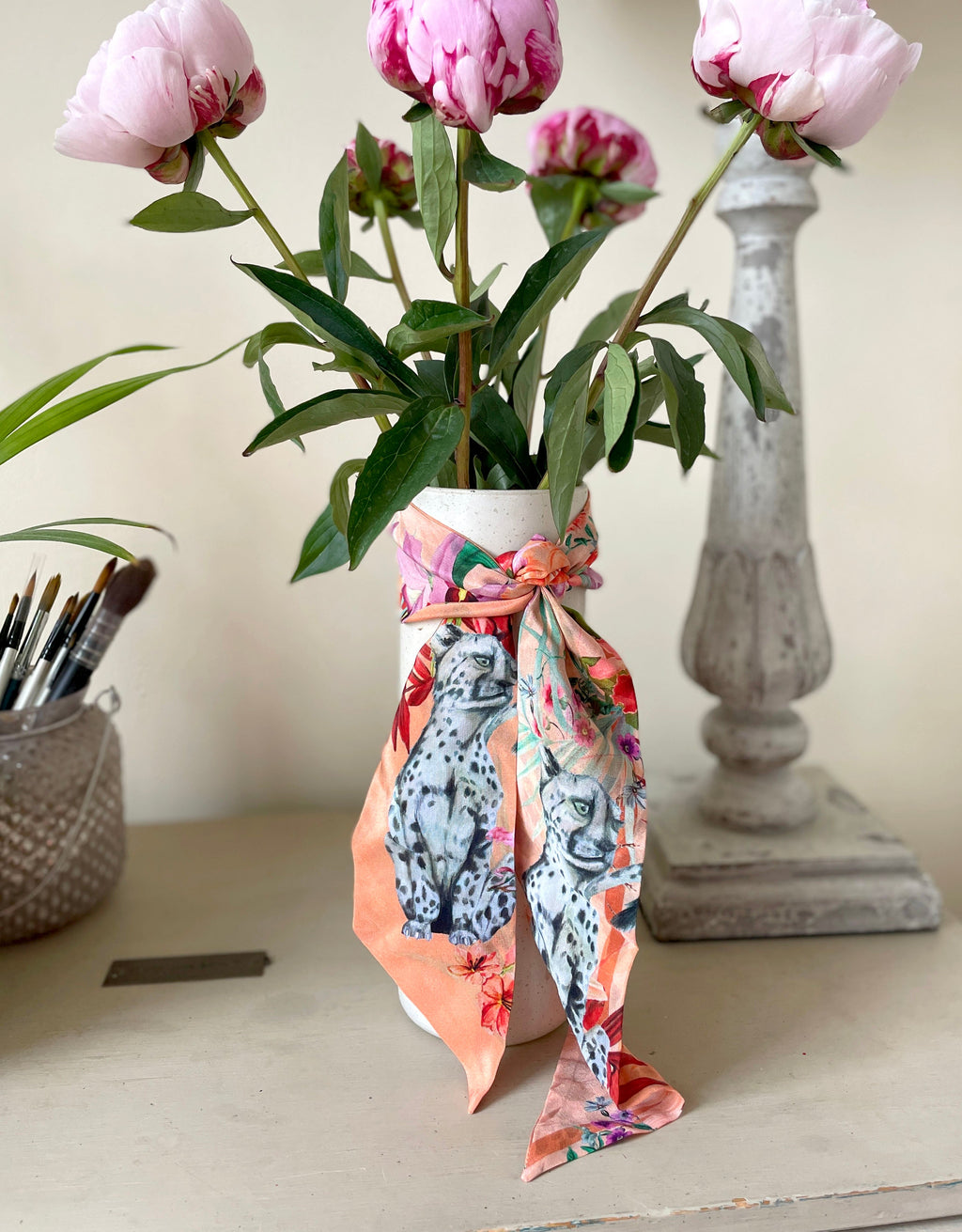 Peach Botanical Panthera Silk Twilly Scarf with Leopard Print