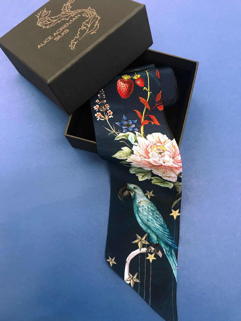 Navy Skinny Silk Scarf in Wondrous Botanical Print