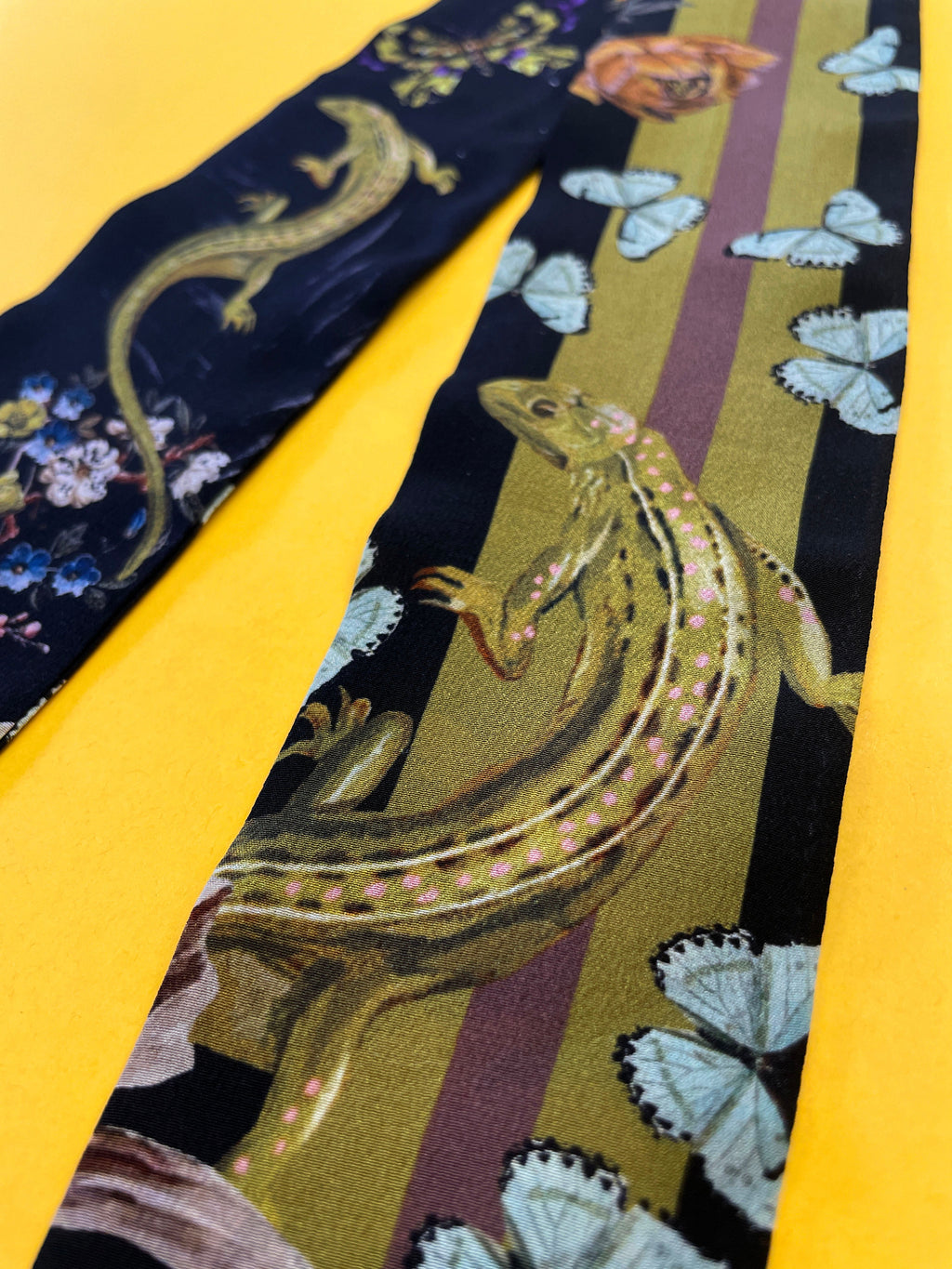 Dark Grey Skinny Silk Scarf in Botanical Cardiac Print