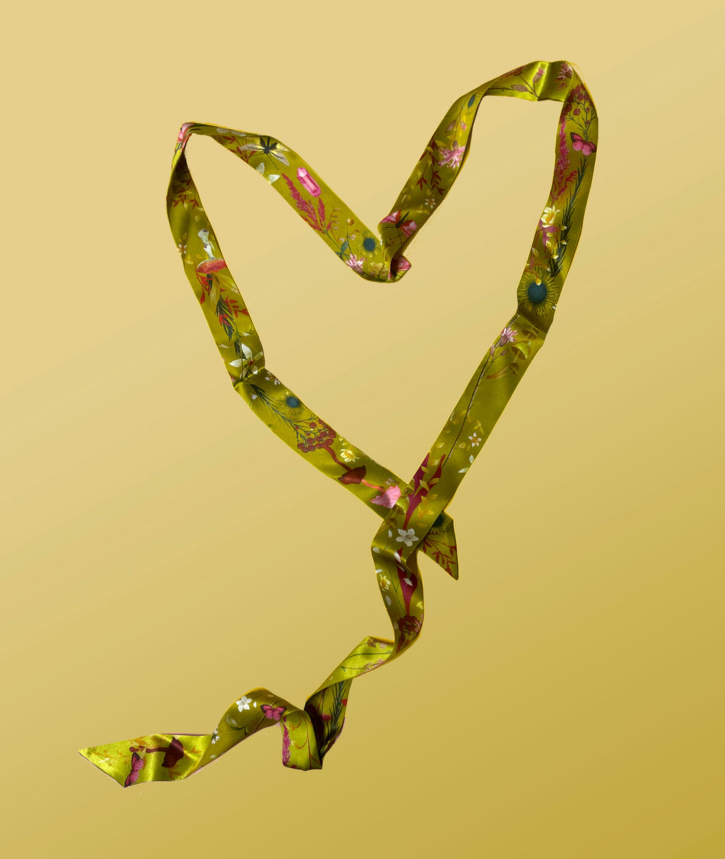 Ochre Yellow Silk Satin Ultra Skinny Scarf with Sunflowers and Mushrooms
