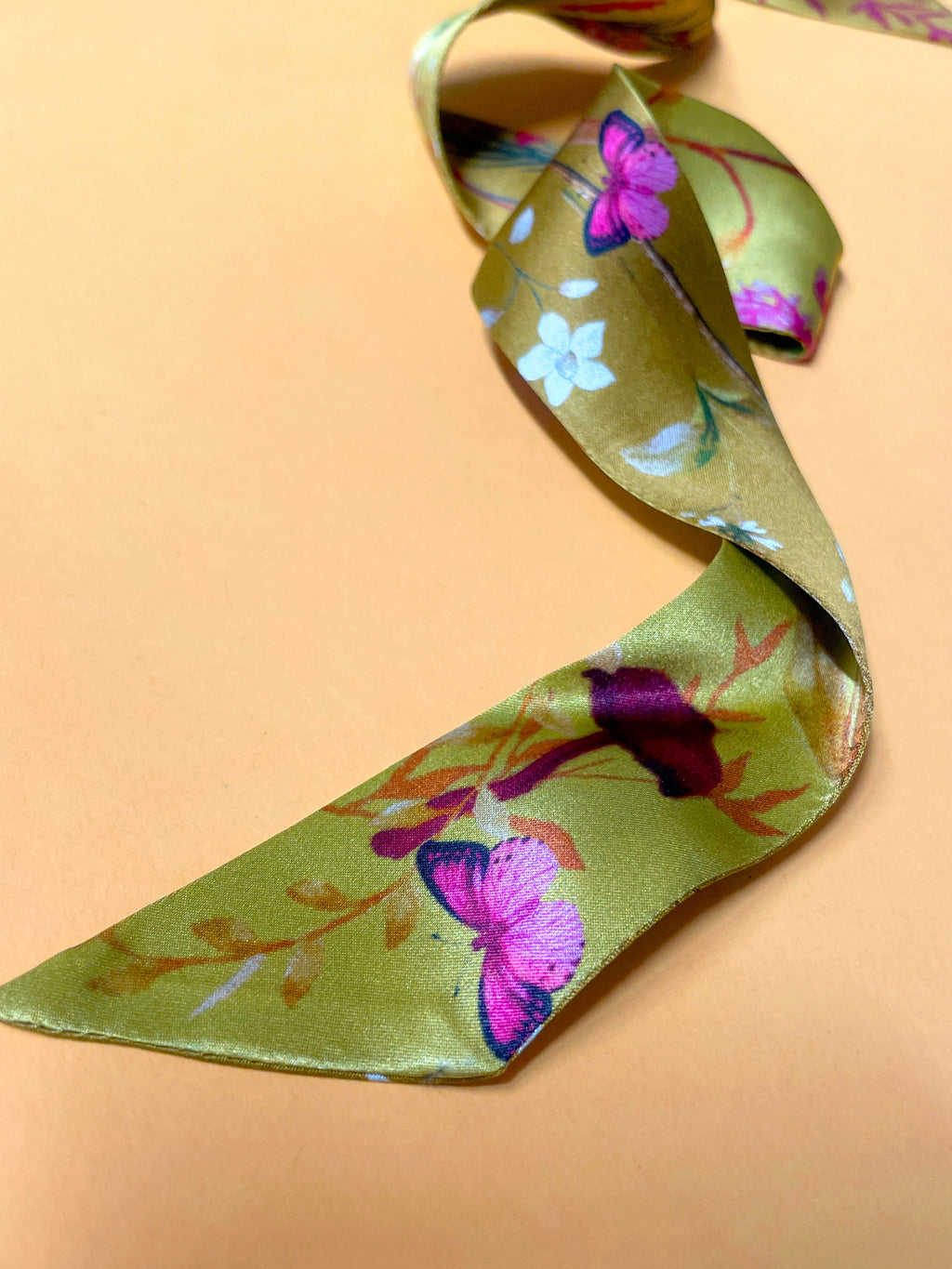 Ochre Yellow Silk Satin Ultra Skinny Scarf with Sunflowers and Mushrooms