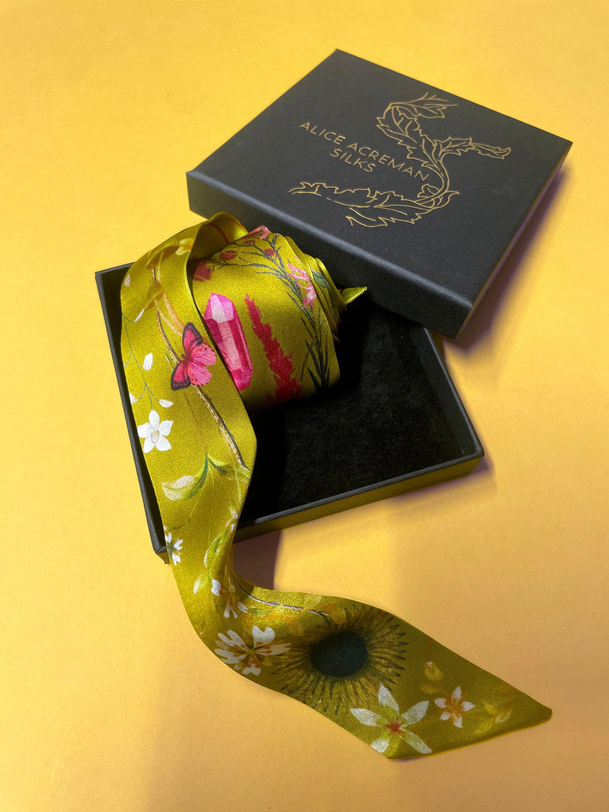Ochre Yellow Silk Satin Ultra Skinny Scarf with Sunflowers and Mushrooms
