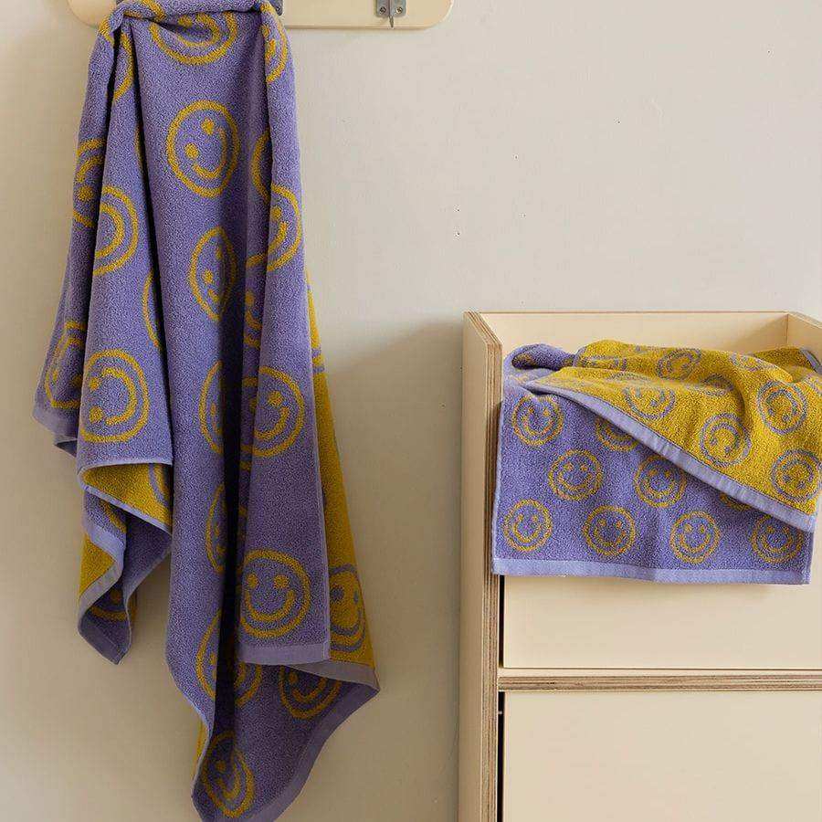 Smiling Face Bath Towel in Yellow Purple or Blue Purple