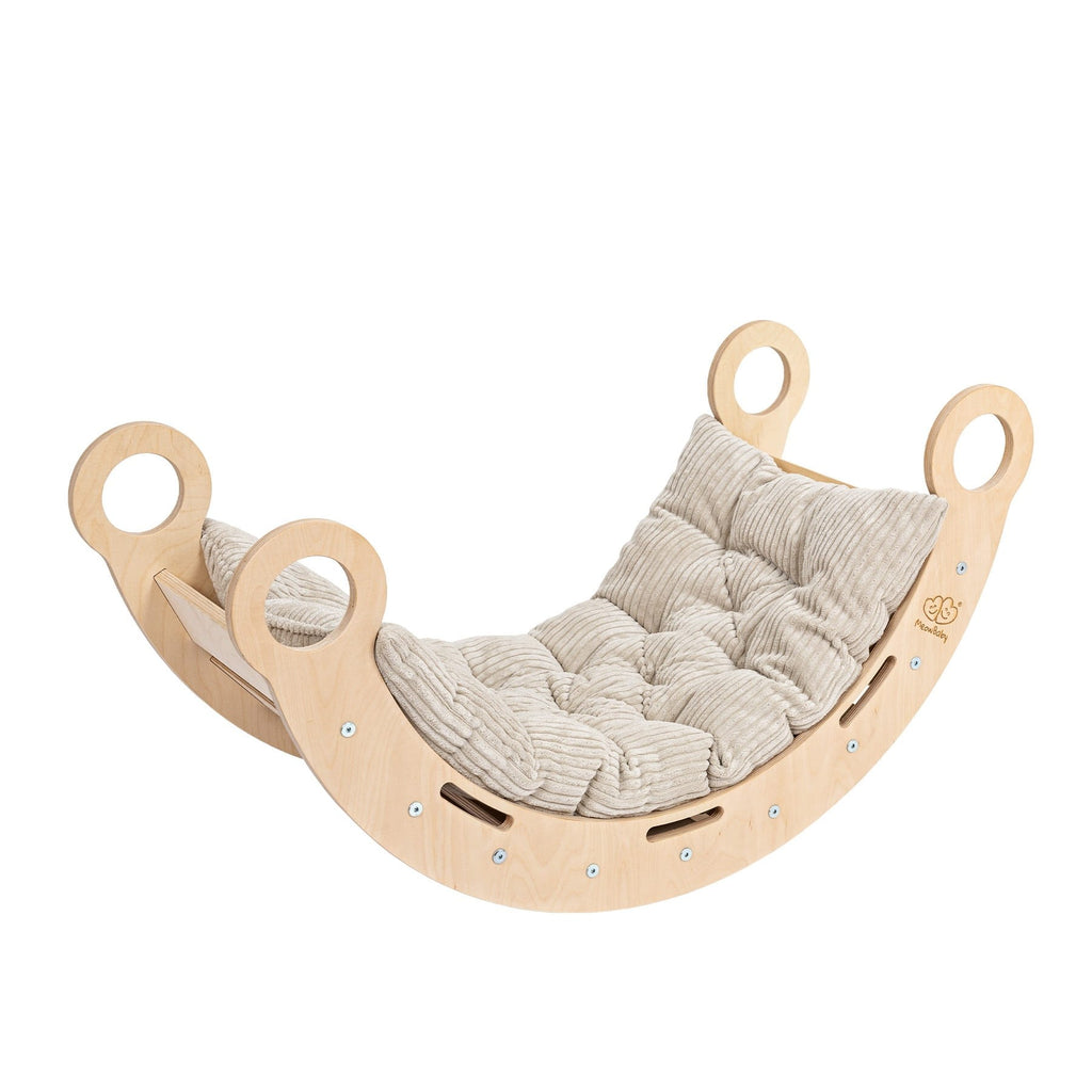 bold front view of the natural birch snug rocker for kids, showcasing its 4-in-1 play design