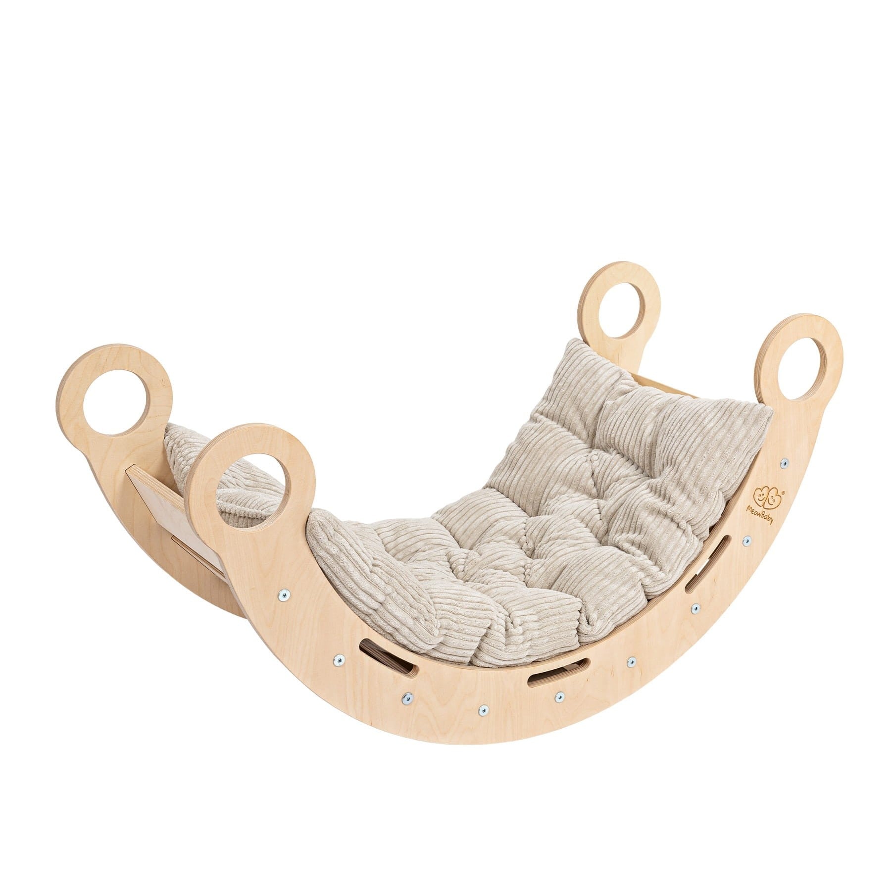 bold front view of the natural birch snug rocker for kids, showcasing its 4-in-1 play design