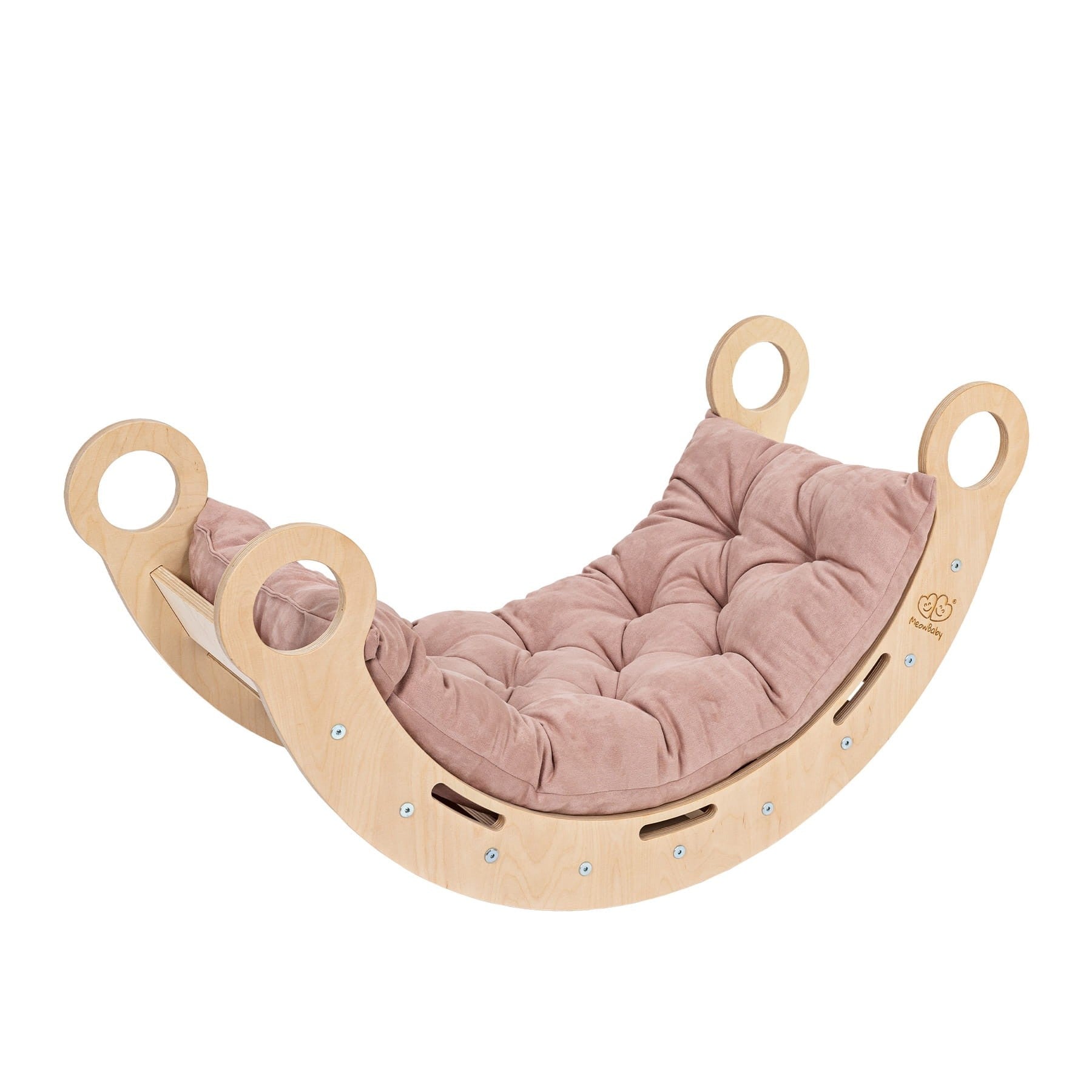 confident toddler rocking on a birch plywood rocker with a pink pillow