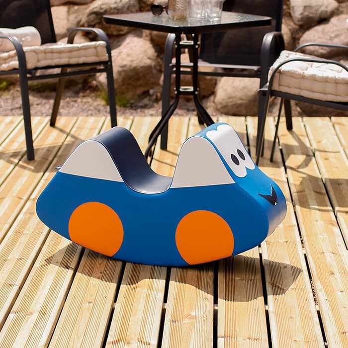 elegant blue soft play car for kids, fostering balance and creativity with eco-friendly foam