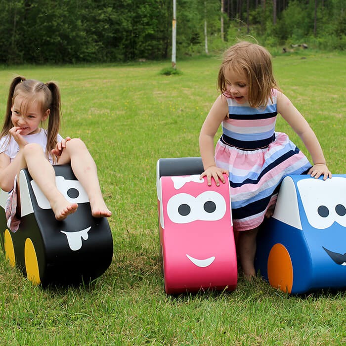 bold blue soft play ride-on car for kids, boosting balance and motor skills with durable eco-leather foam