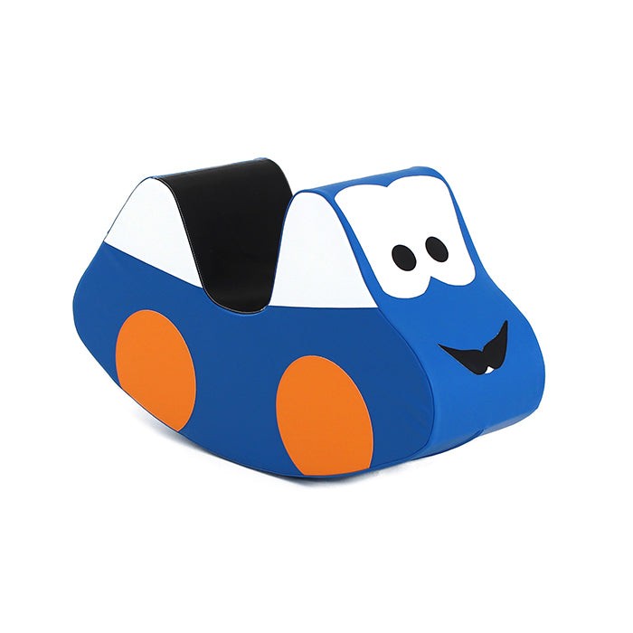 blue soft play ride-on car for toddlers, promoting balance and motor skills on a neutral floor
