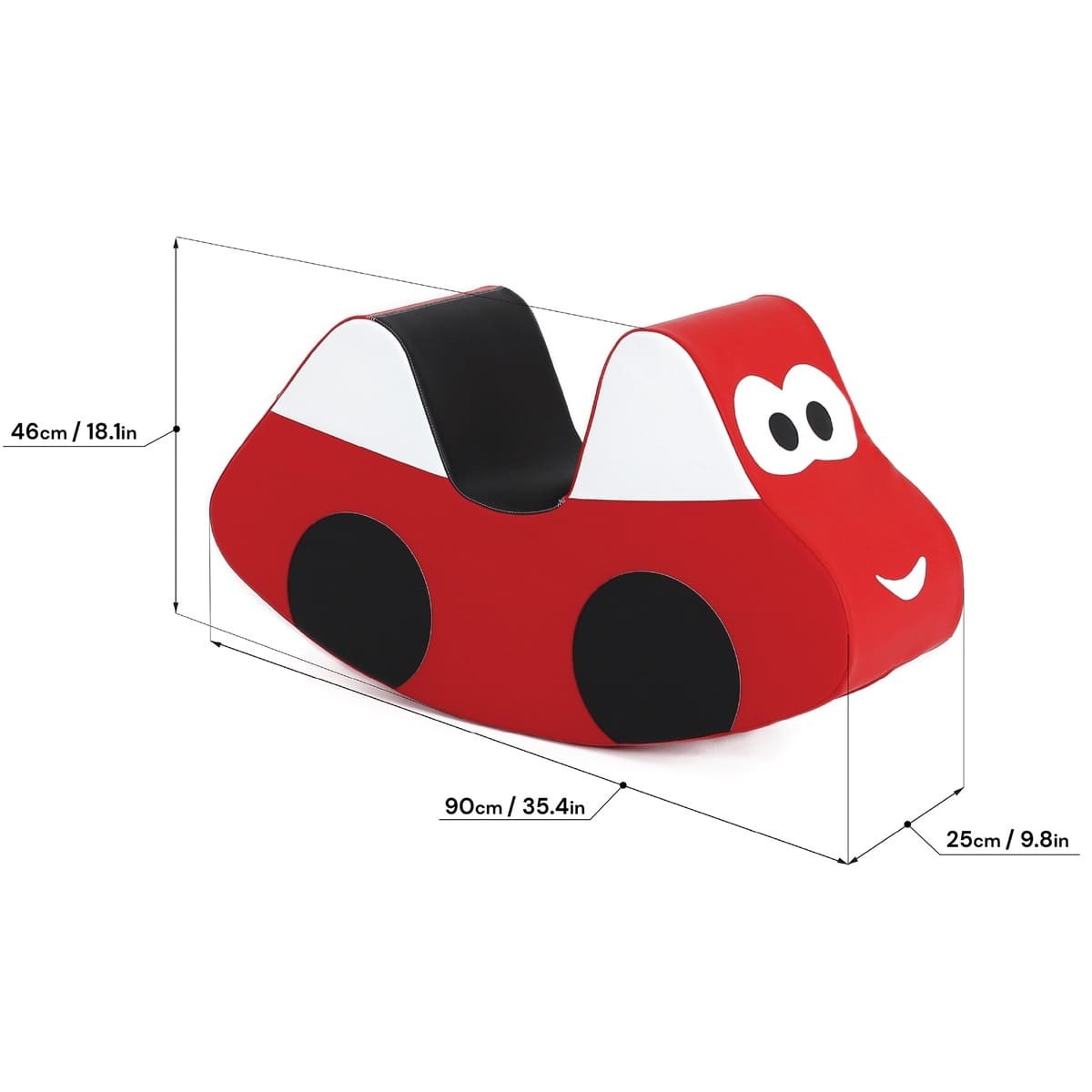 happy toddler riding a bright red soft play car, giggling as they rock back and forth on a cozy foam seat