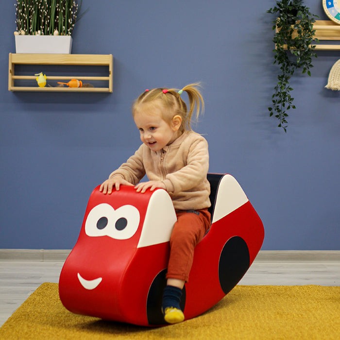 bold red soft play ride-on car for kids, boosting balance and imagination with vibrant eco-leather finish