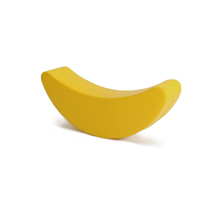 elegant yellow banana rocking toy for kids, promoting balance and creativity on a soft foam base