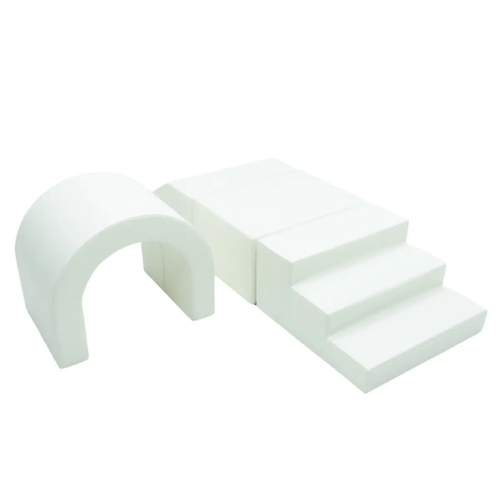 white soft play tunnel set with kids crawling through, fostering fun and social skills