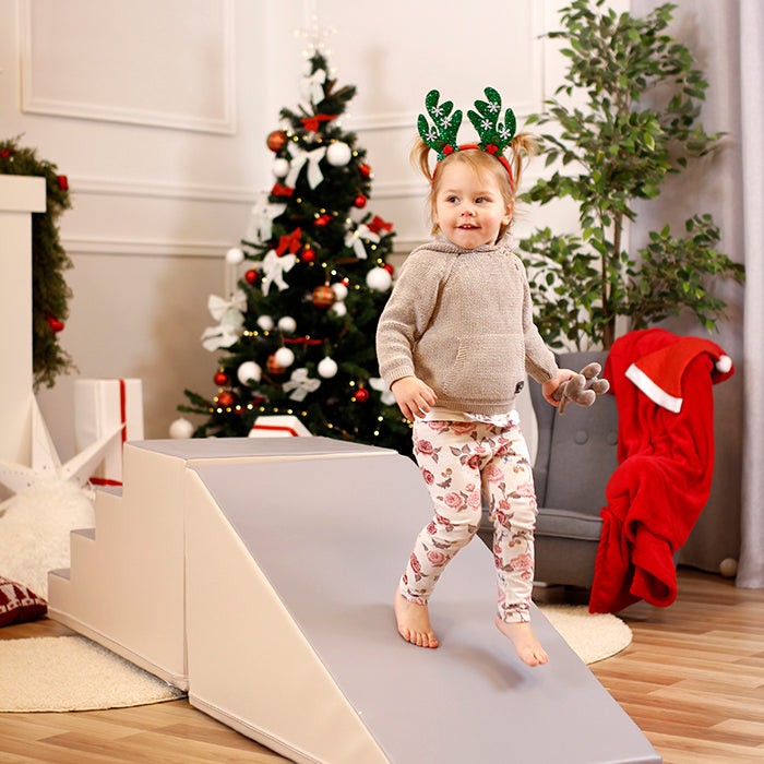 beige and grey soft play step and slide set for kids - durable foam climbing toy with eco-leather cover