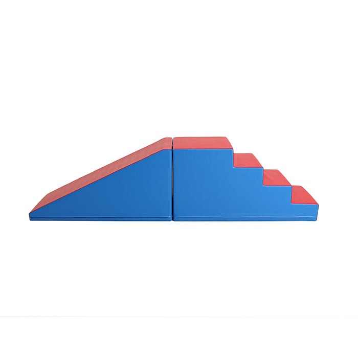 soft blue and red play step and slide set with a cozy, inviting glow for toddlers to climb and explore