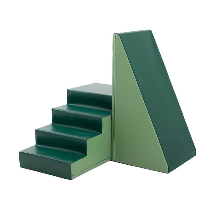green soft play step and slide set with kids giggling as they climb and slide, vibrant and fun
