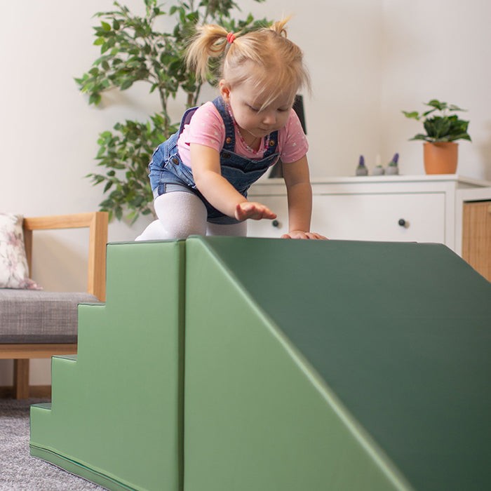 bold green soft play step and slide set for kids - durable foam climber with bright eco-leather finish