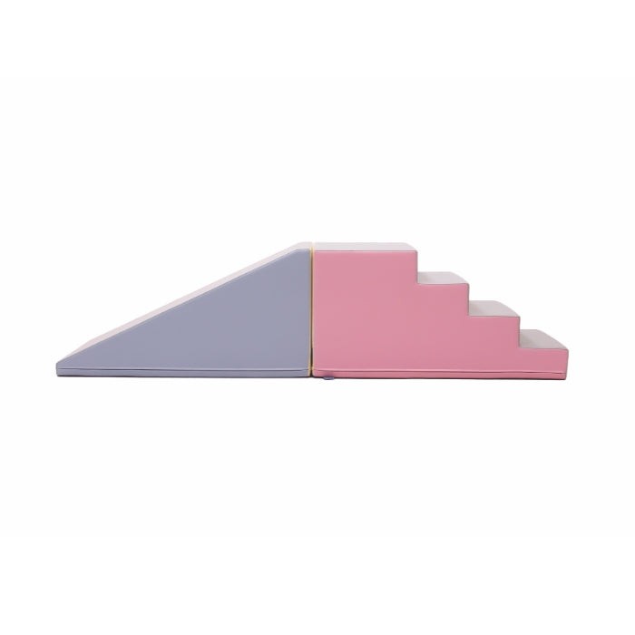 elegant pastel soft play step and slide set with smooth curves, inviting kids to climb and explore