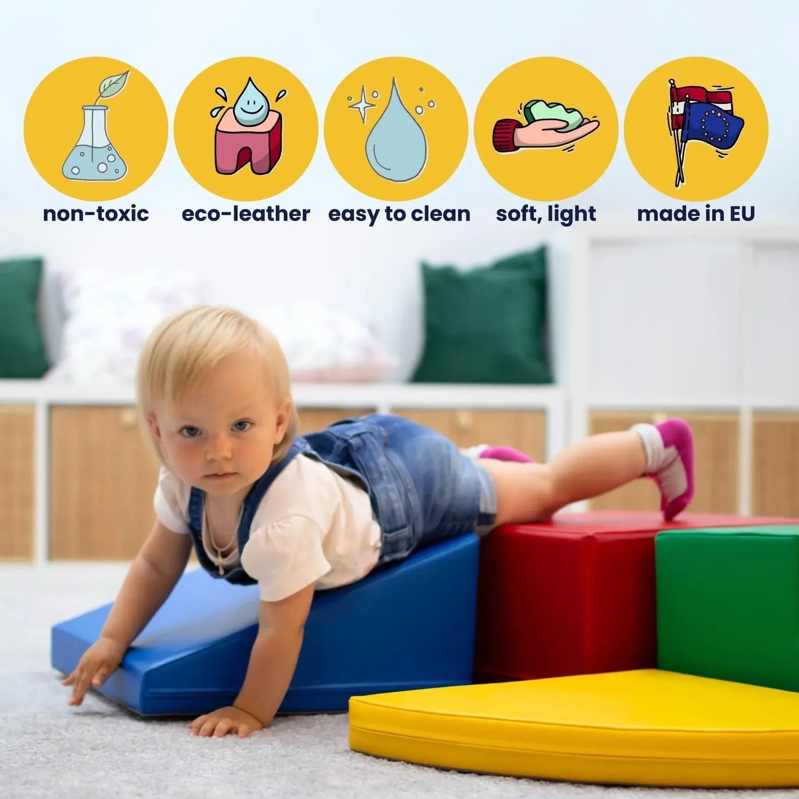 blue and red soft play step and slide set with kids laughing, showcasing durable foam and eco-leather