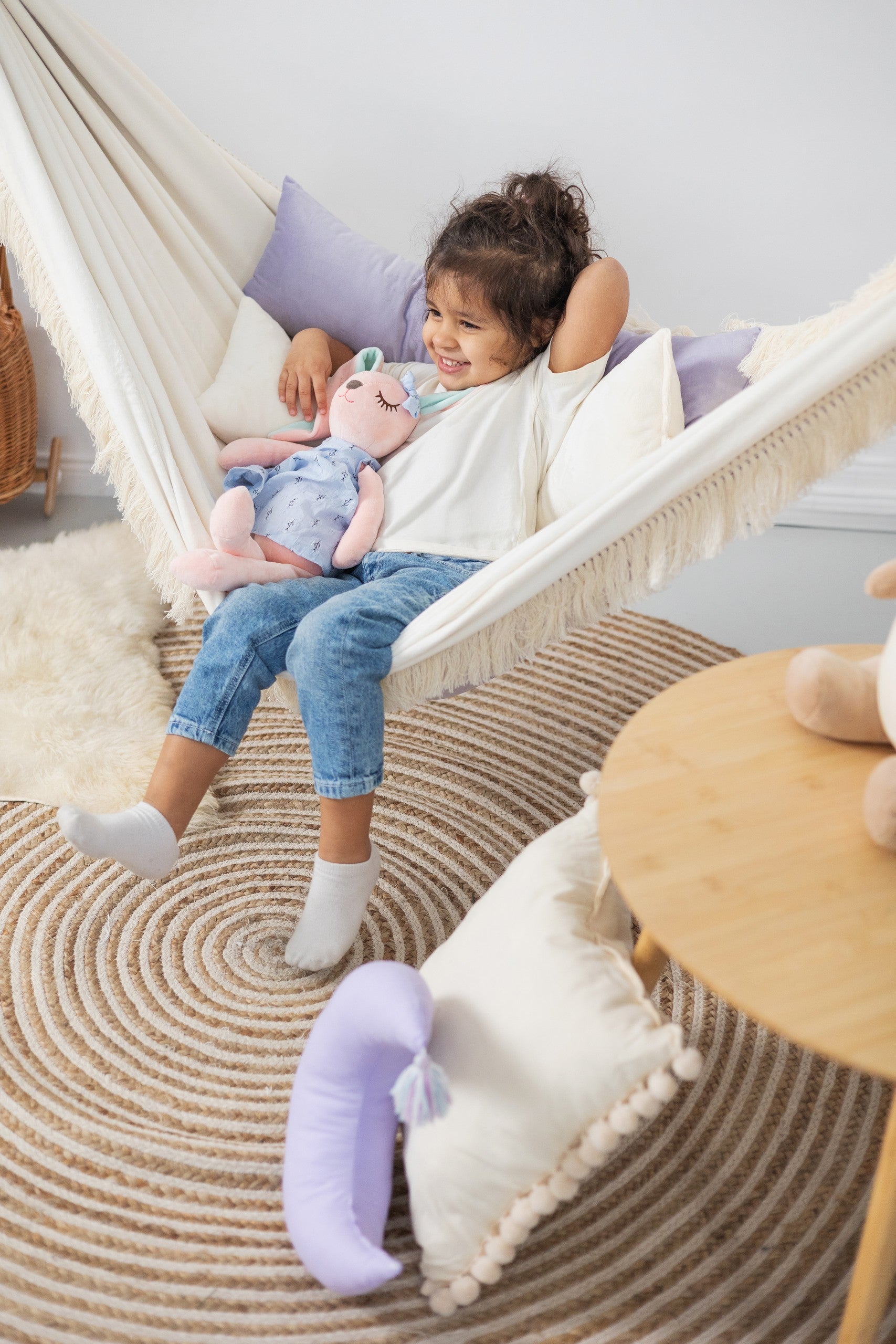 Moonlight Dream Hammock: Experience Magical Comfort with Soft Lilac Design - Handmade & Safe for All Ages by Sówka at www.brixbailey.com