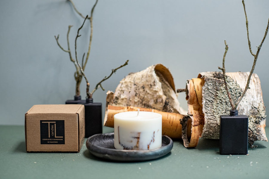 Handcrafted Soy Wax Candle with Birch Bark - Unique & Eco-Friendly, Inspired by Latvian Forests by TL Candles at www.brixbailey.com