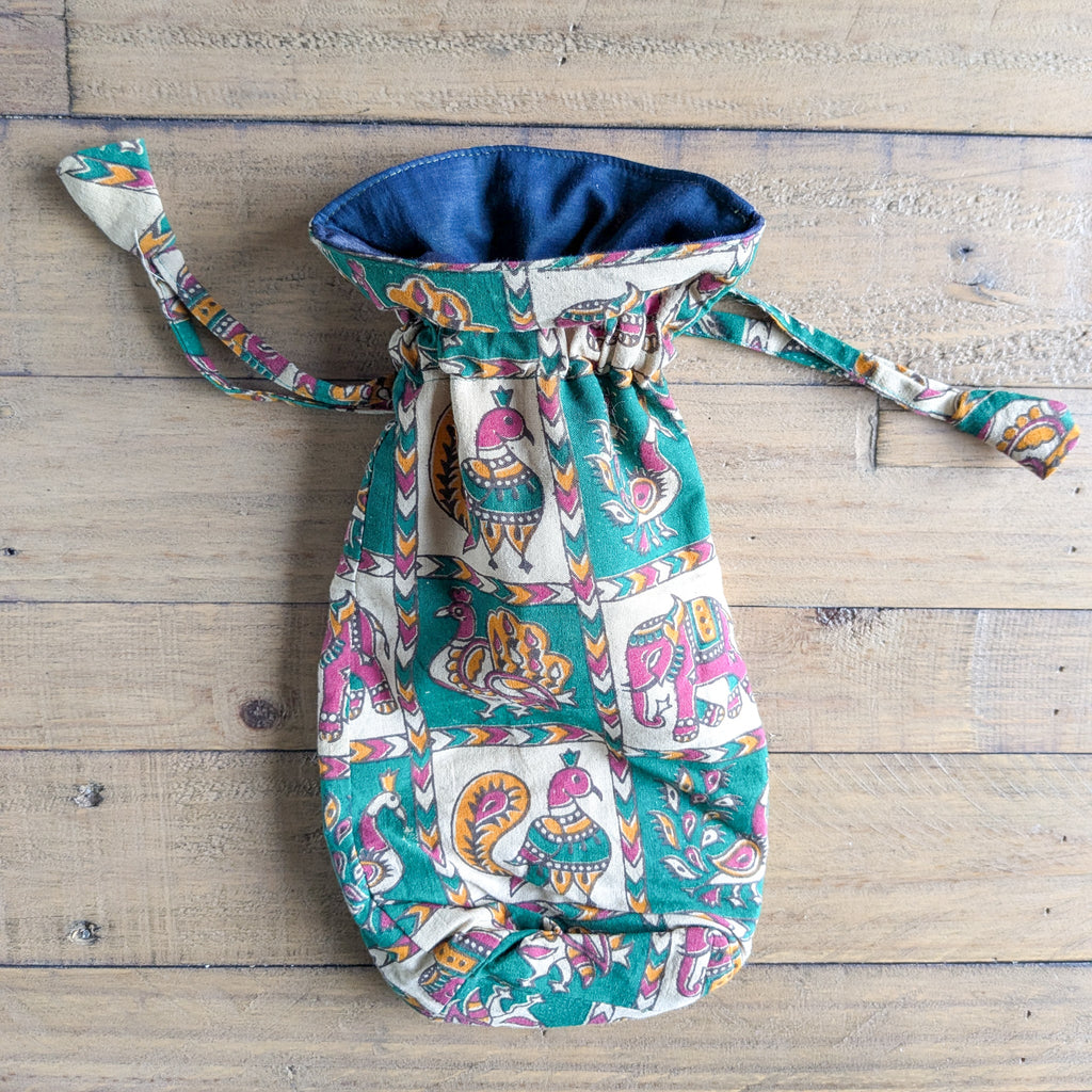 Eco Friendly Bottle Bags, Reusable Kalamkari Cotton Bottle Gift Bags, Ethically Handmade in India