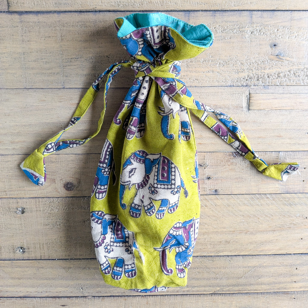 Eco Friendly Bottle Bags, Reusable Kalamkari Cotton Bottle Gift Bags, Ethically Handmade in India