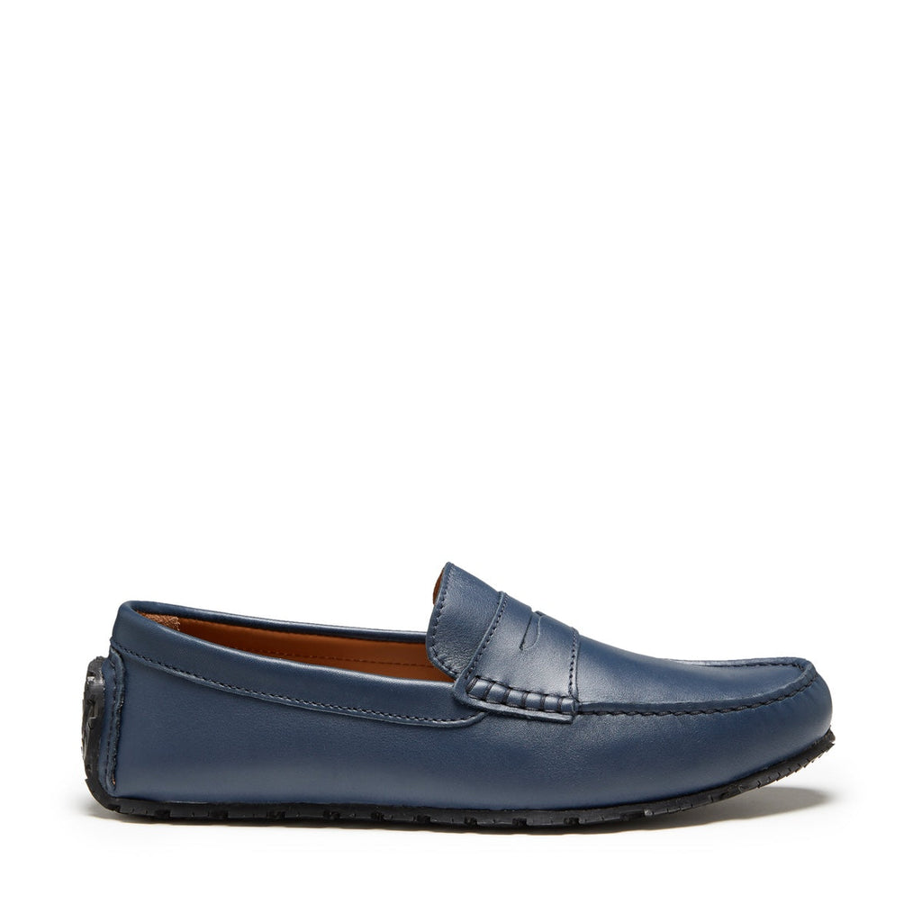 French Navy Leather Penny Driving Loafers