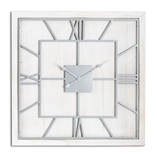 Large Whitewashed Wood and Silver Square Wall Skeleton Clock
