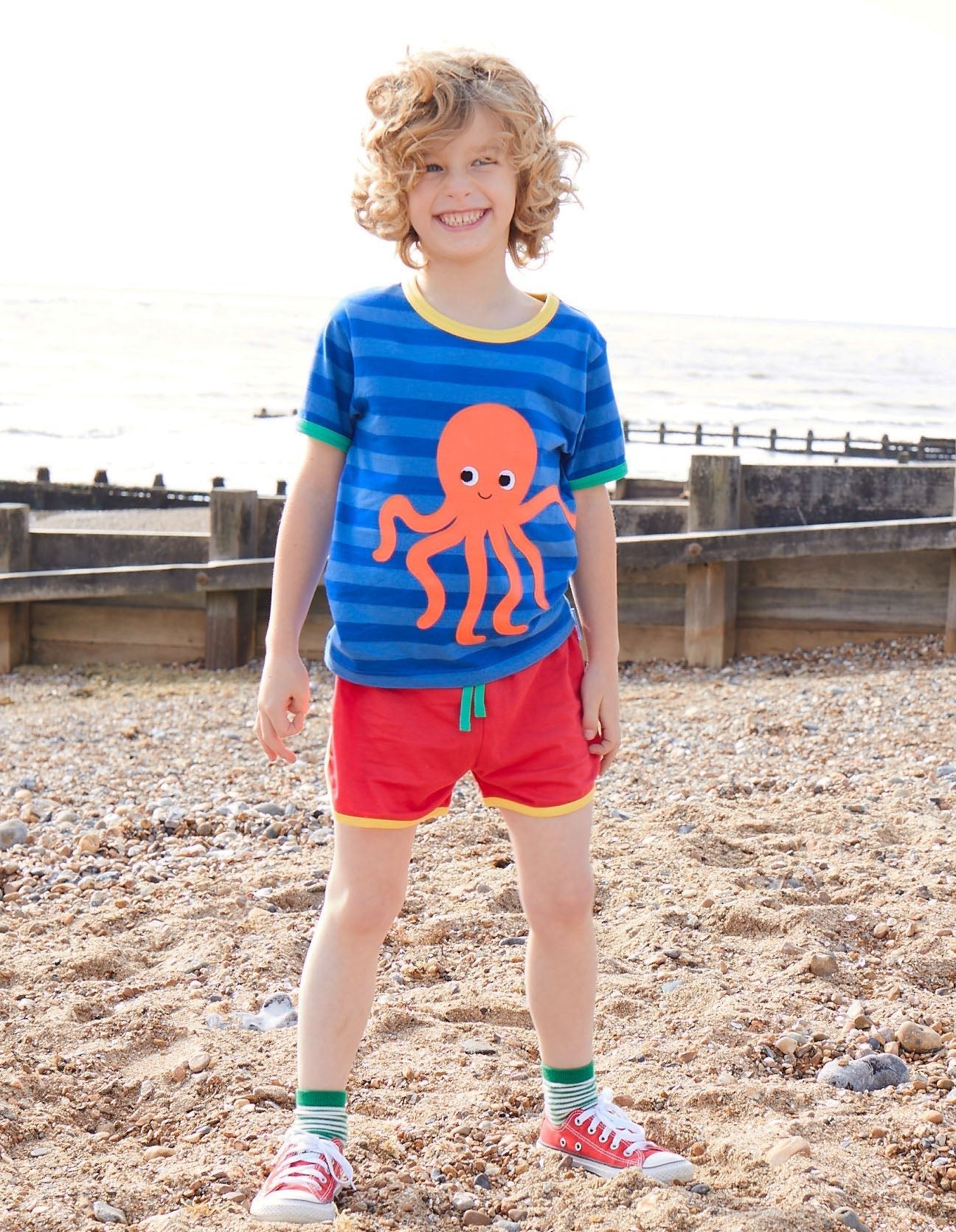 Organic Octopus Applique Dark Blue Striped Short Sleeved T Shirt