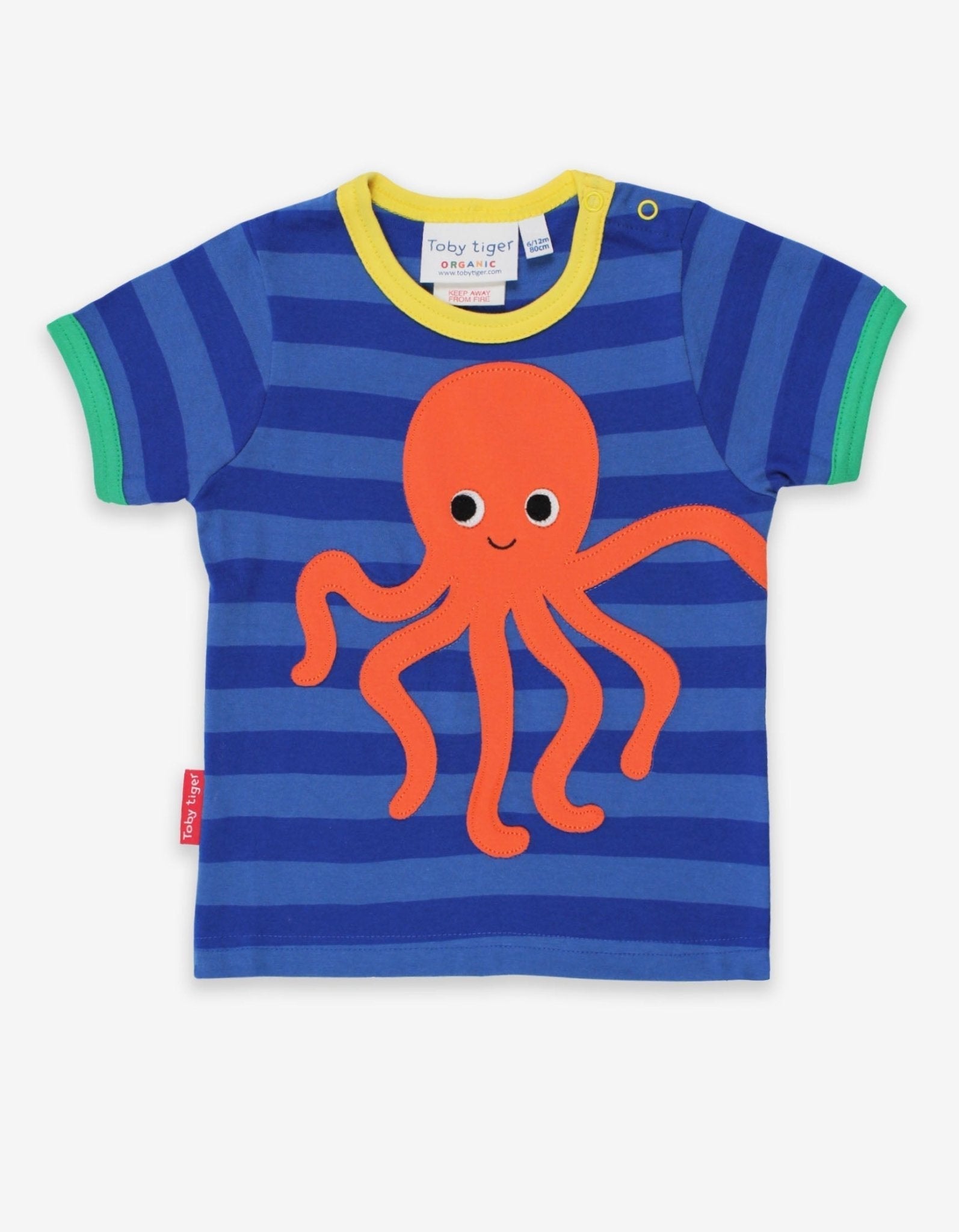 Organic Octopus Applique Dark Blue Striped Short Sleeved T Shirt