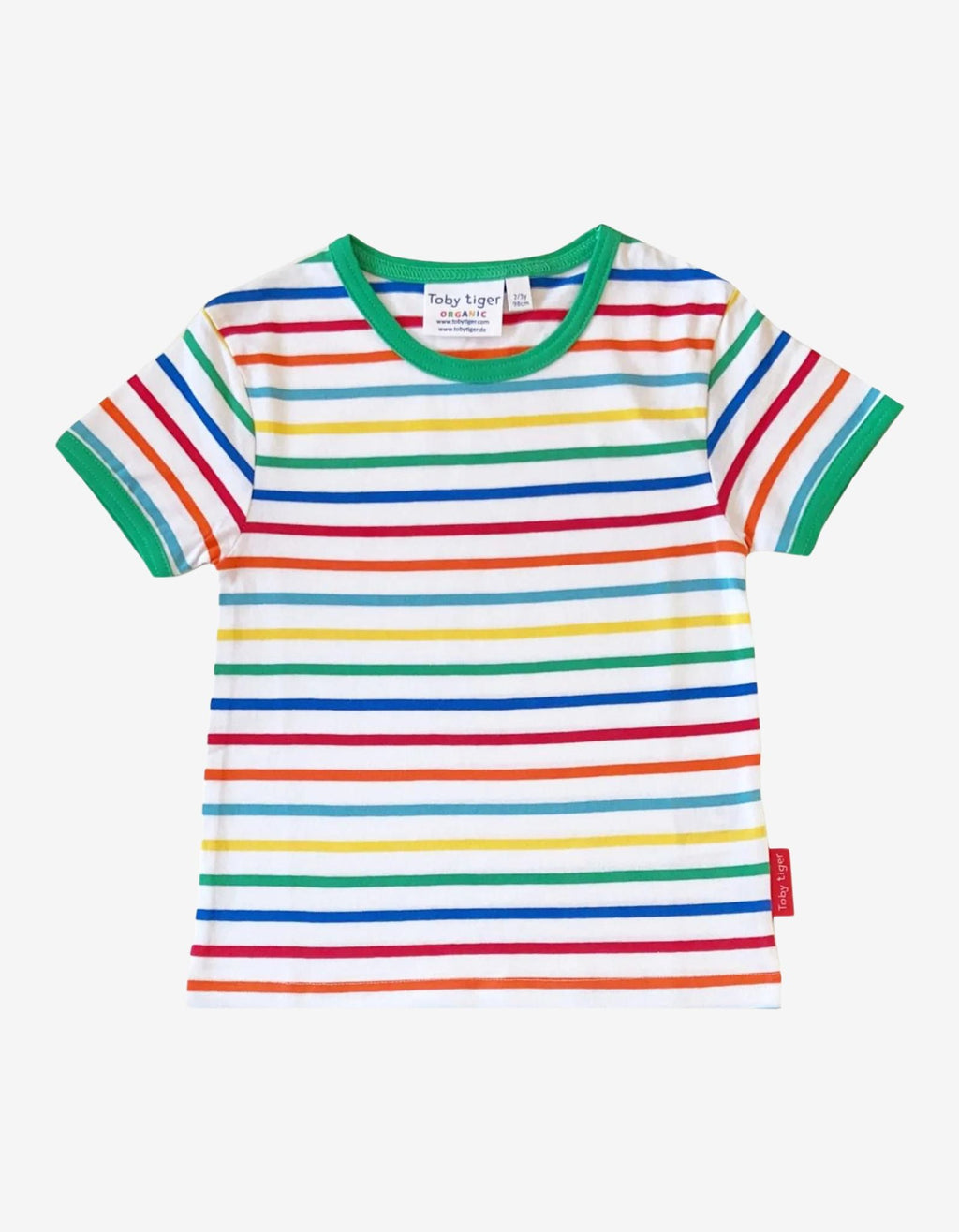 Organic Green Rainbow Stripe Print Short Sleeved T Shirt