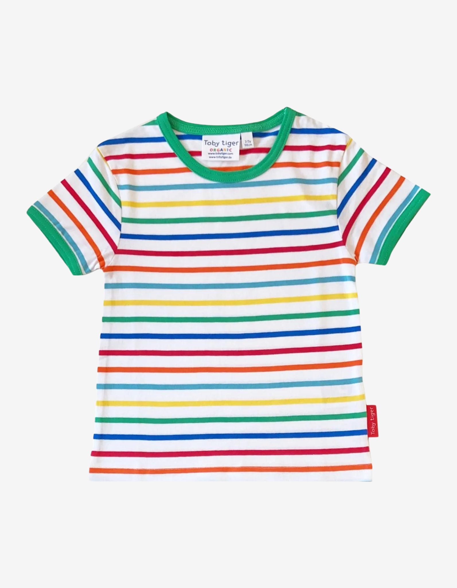 Organic Green Rainbow Stripe Print Short Sleeved T Shirt