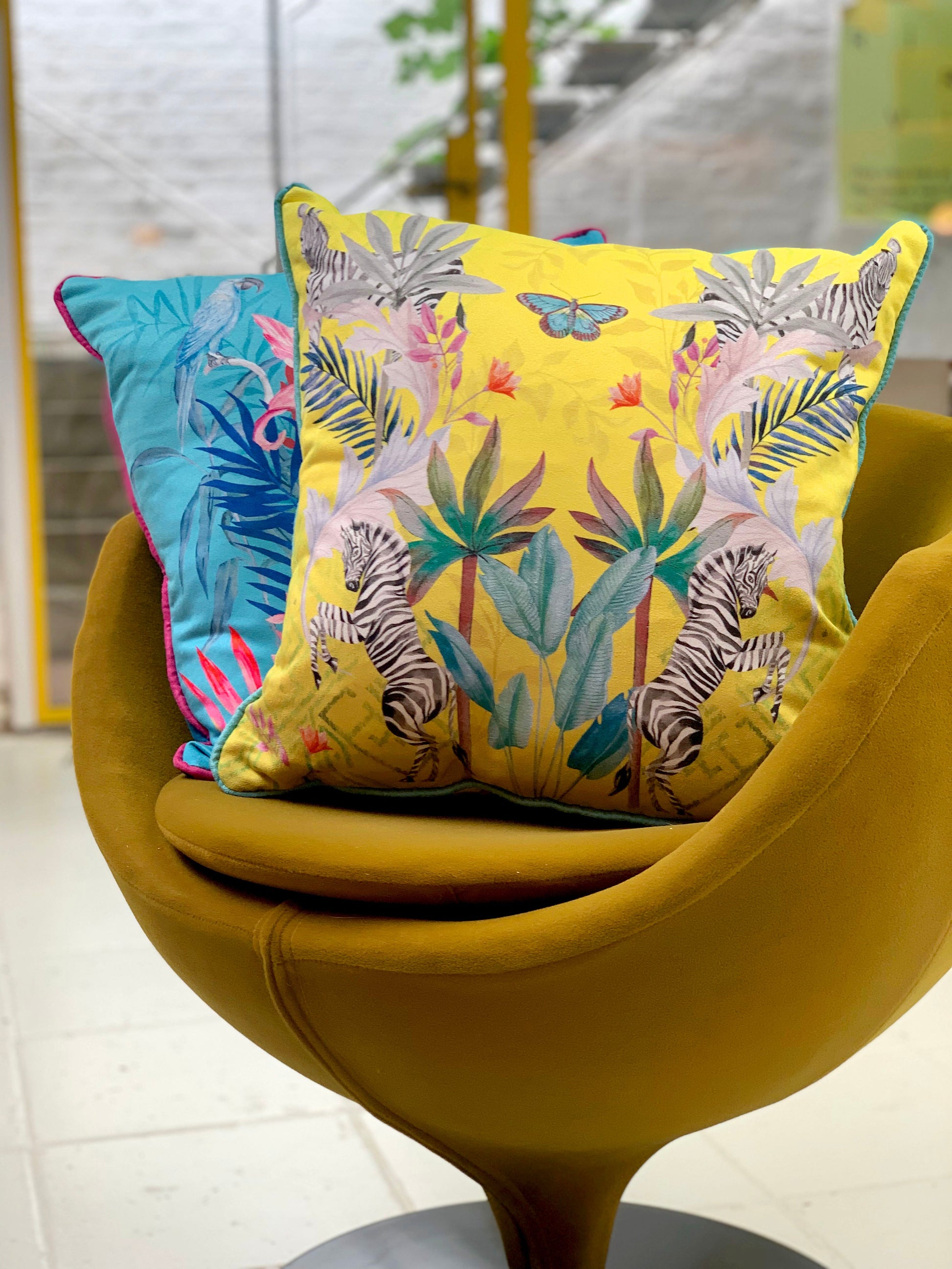 Vibrant citrus yellow watercolour art Cushion 'Stallion' double sided Zebra design, made from Vegan friendly Suede